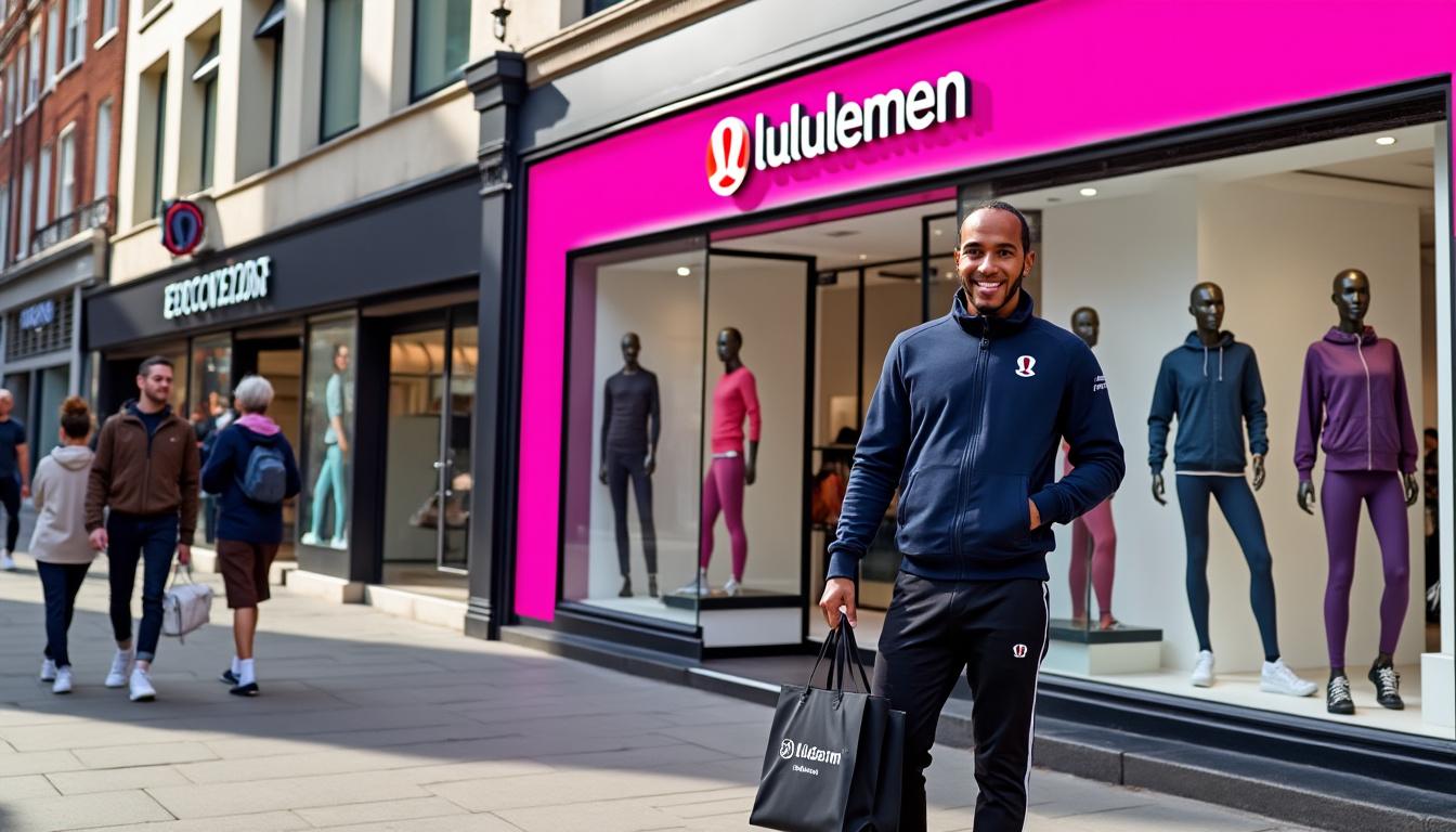 lewis hamilton et le co-pdg par intérim de lululemon célèbrent le lancement exclusif de la collection edit dans la boutique emblématique de regent street.